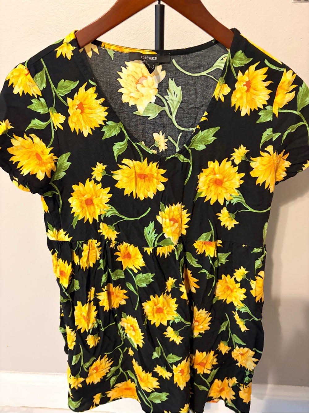 Forever 21 Black V-Neck Tunic with Yellow Sunflower Print